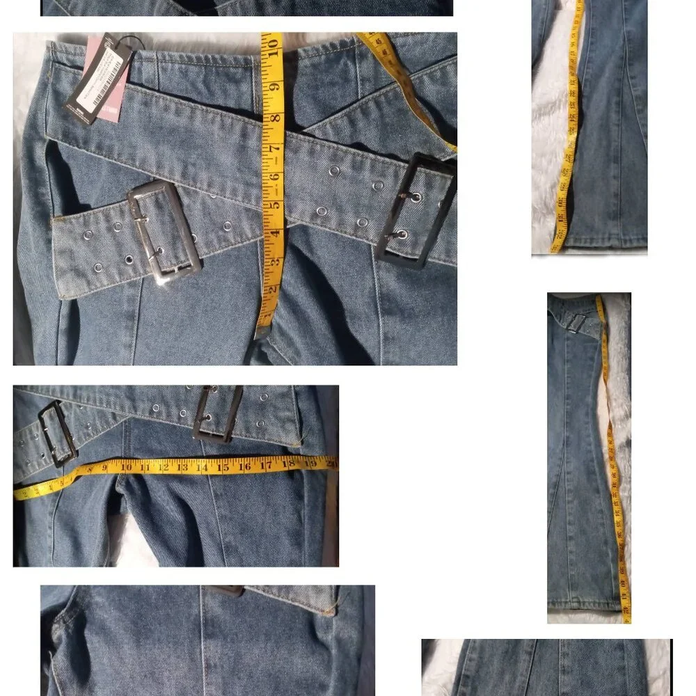 NWT Pretty Little Thing Shape Blue Denim Belted Flare Mid Rise Jeans Sz 6 - Picture 7 of 10